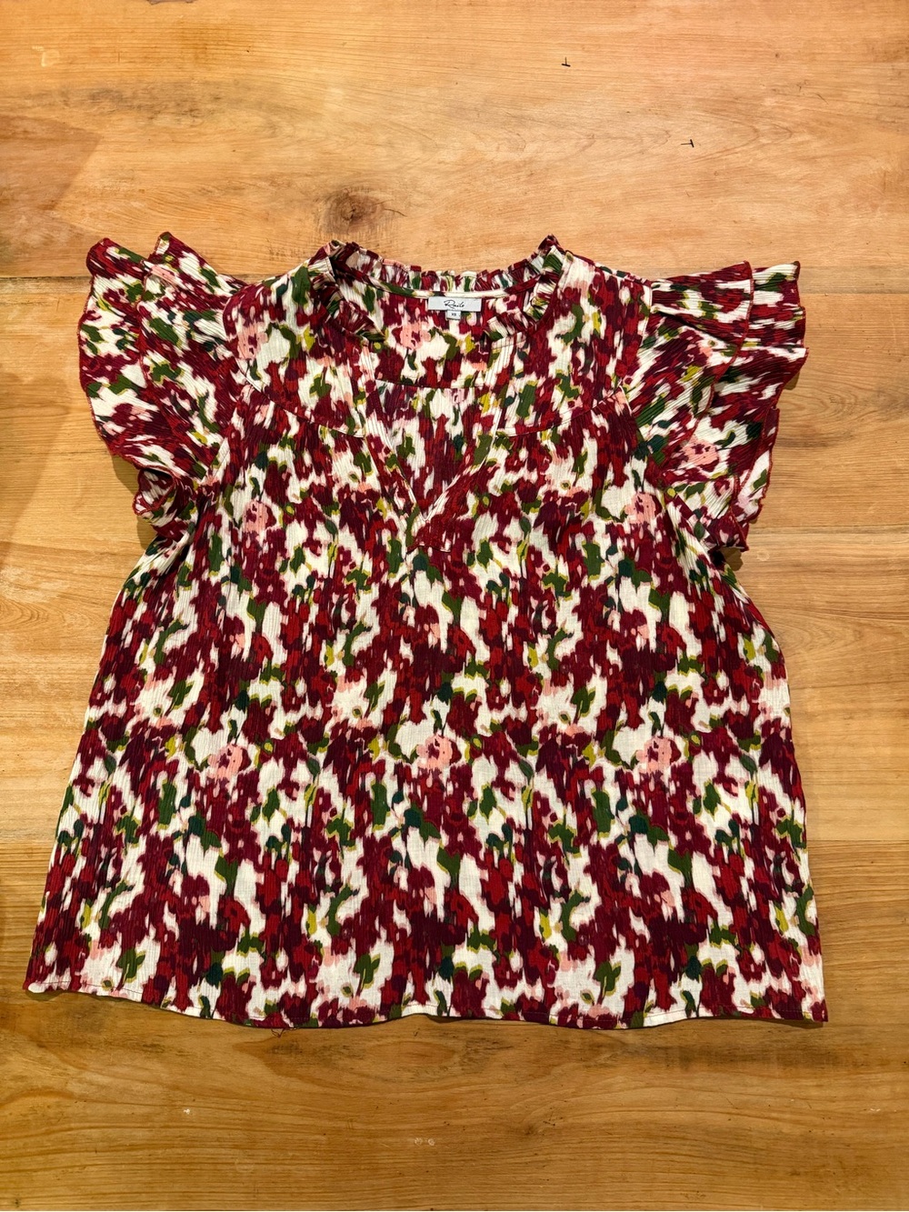 Rails Floral Ruffle Sleeve Blouse Burgundy Cream XS